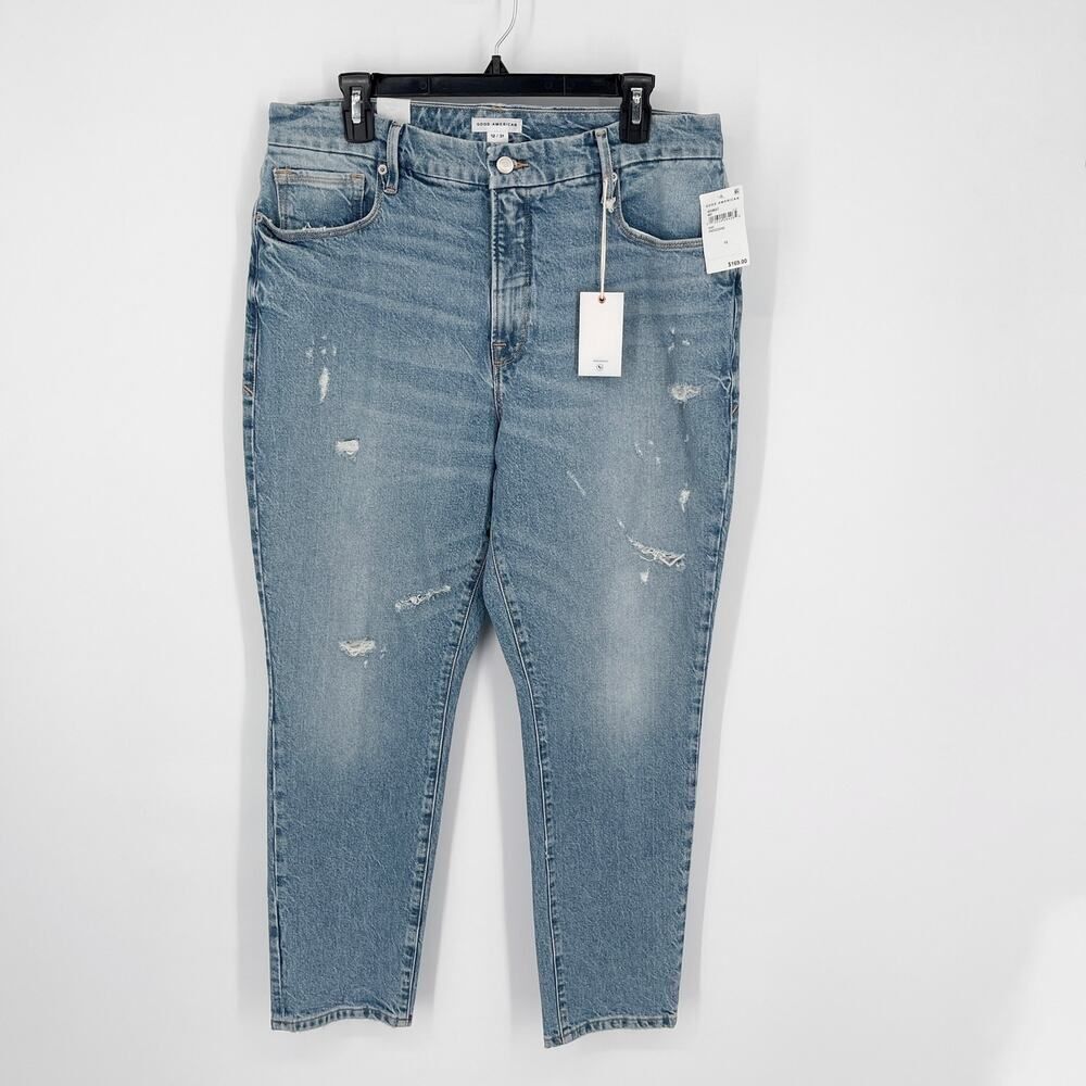 Good American Good Classic Distressed Straight Jeans NEW Sz 12/31 Stretch Blue